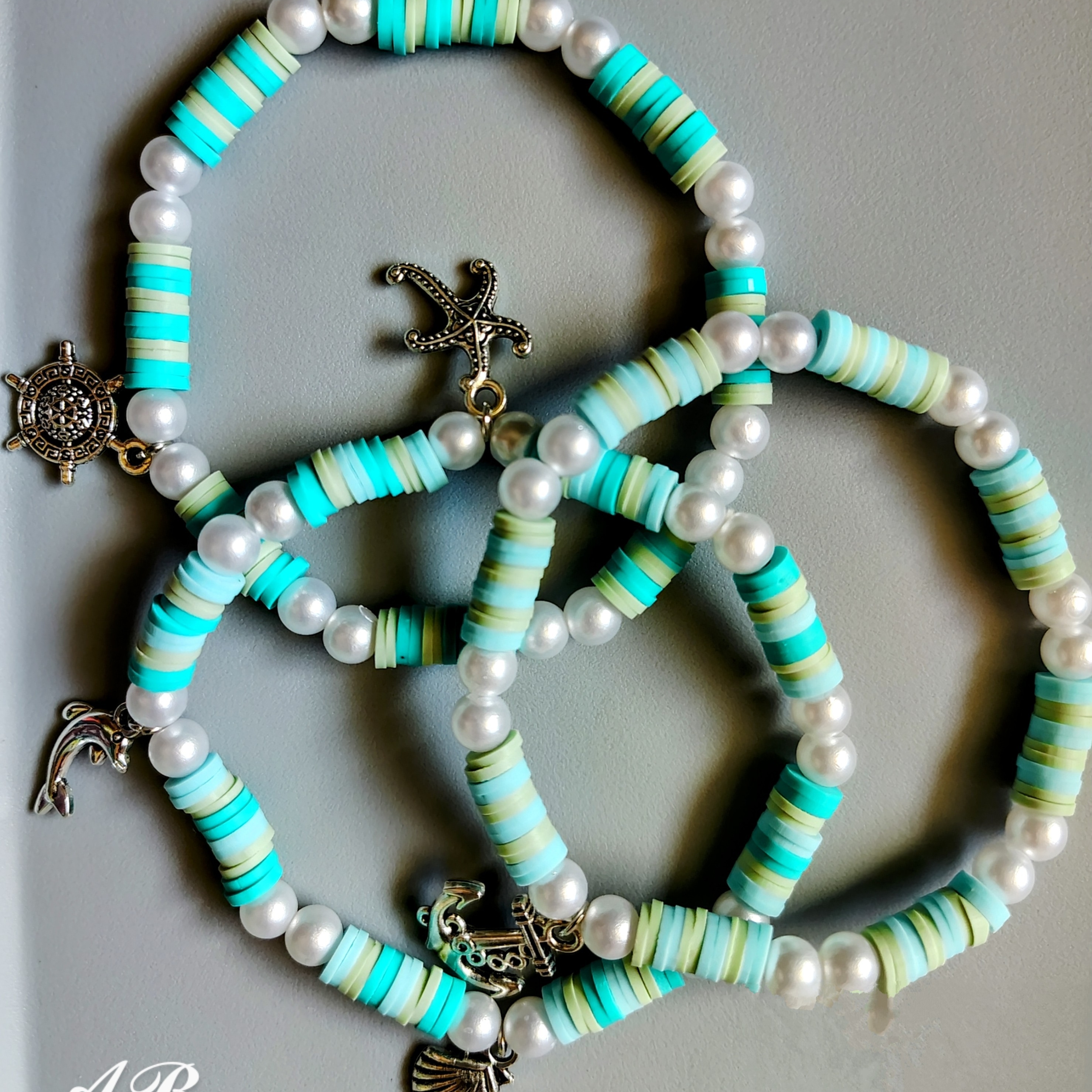 Blue And White Beaded Stretchy Bracelet Set With Silver Accents